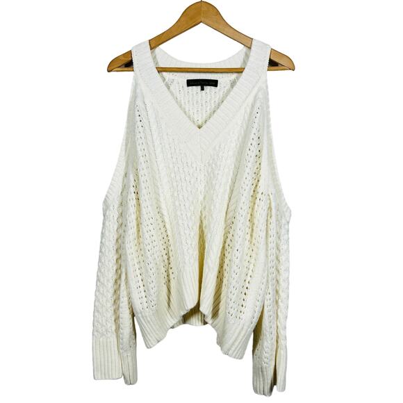 House of Harlow 1960 Cold Shoulder Knit Top Sweater Casual Cream V Neck - M - Picture 1 of 6